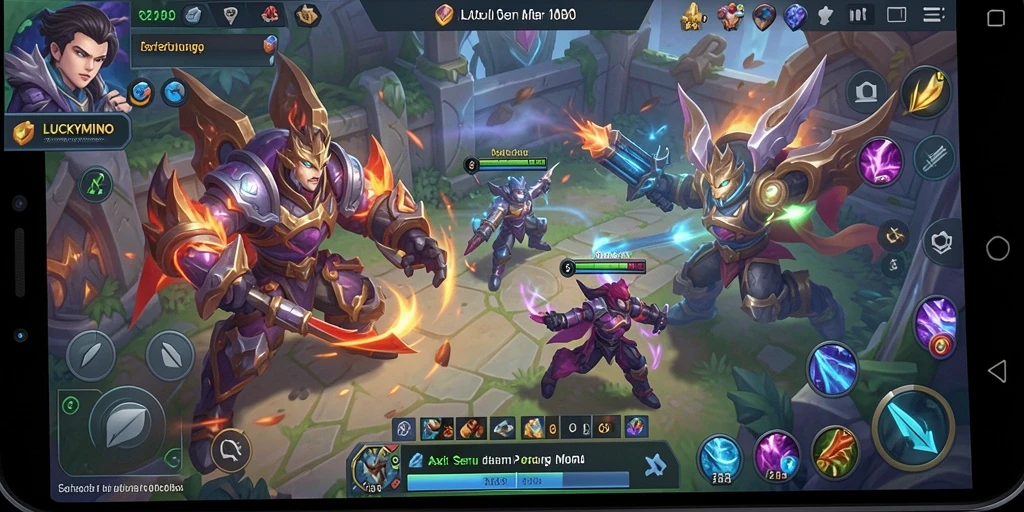 Screenshot gameplay <strong>LUCKYMINO</strong> menunjukkan aksi seru di arena pertempuran.