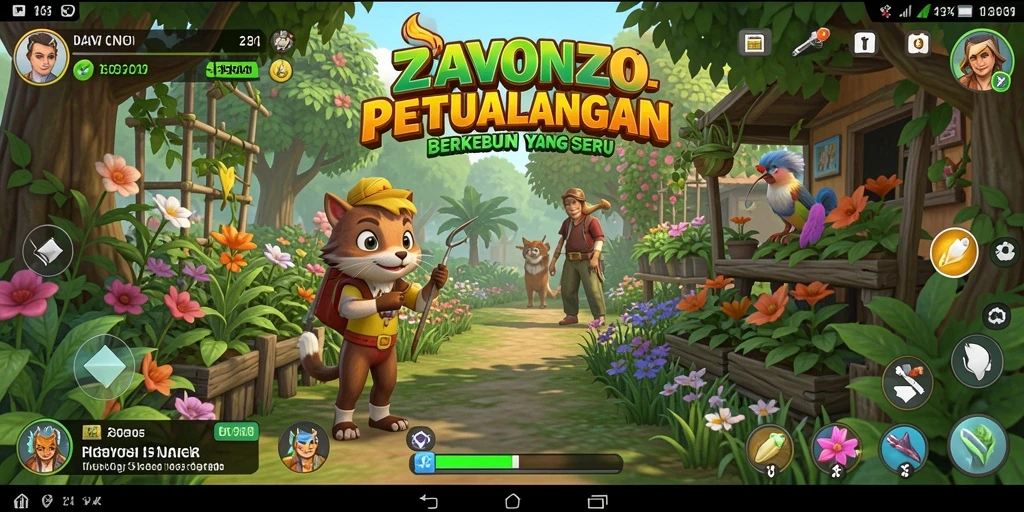 Tangkapan layar menampilkan kebun indah di ZAVONZO dengan berbagai tanaman.